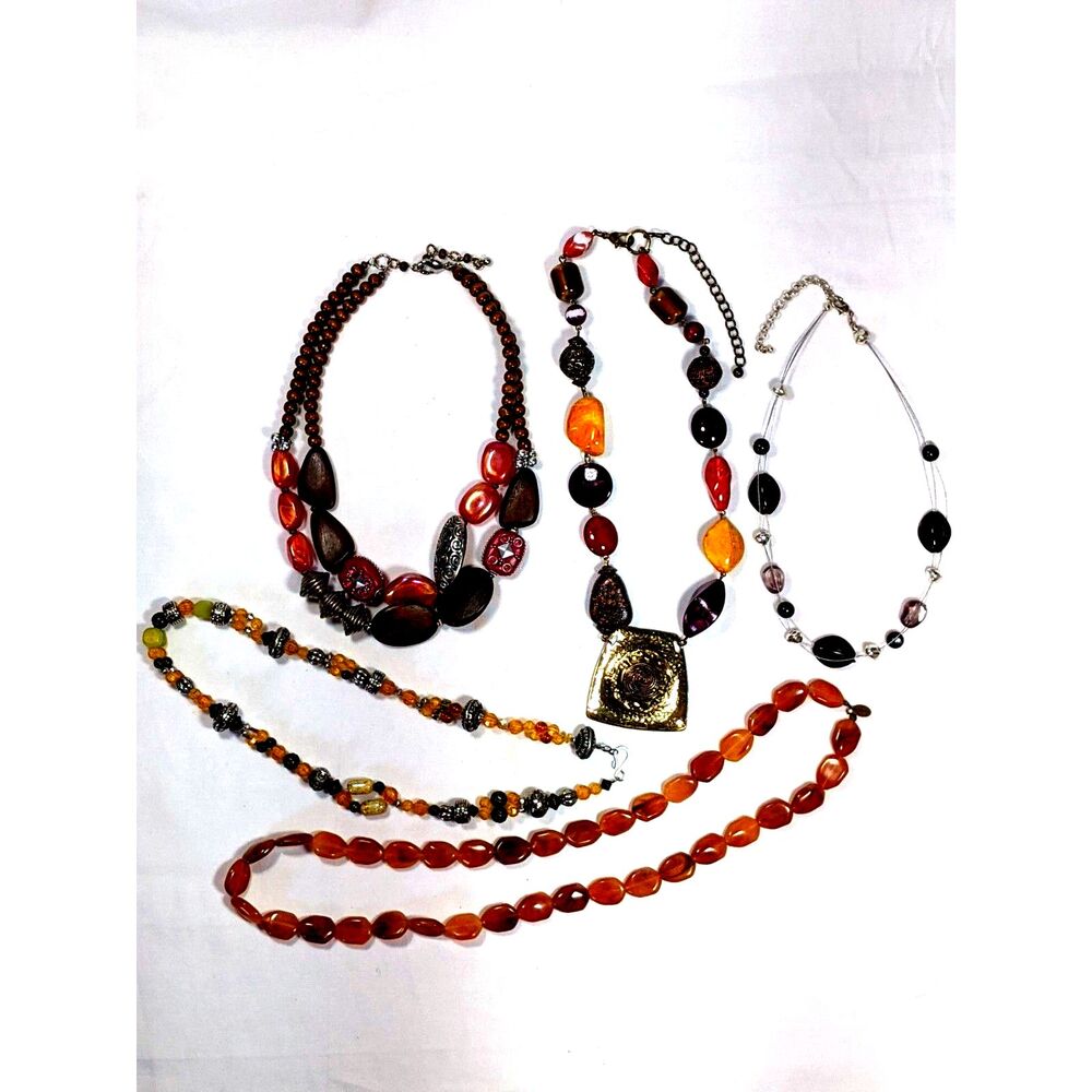 5 Beaded Boho Necklaces Grab Bag Lot Earth Tone Wood Glass Metal Chunky Festival